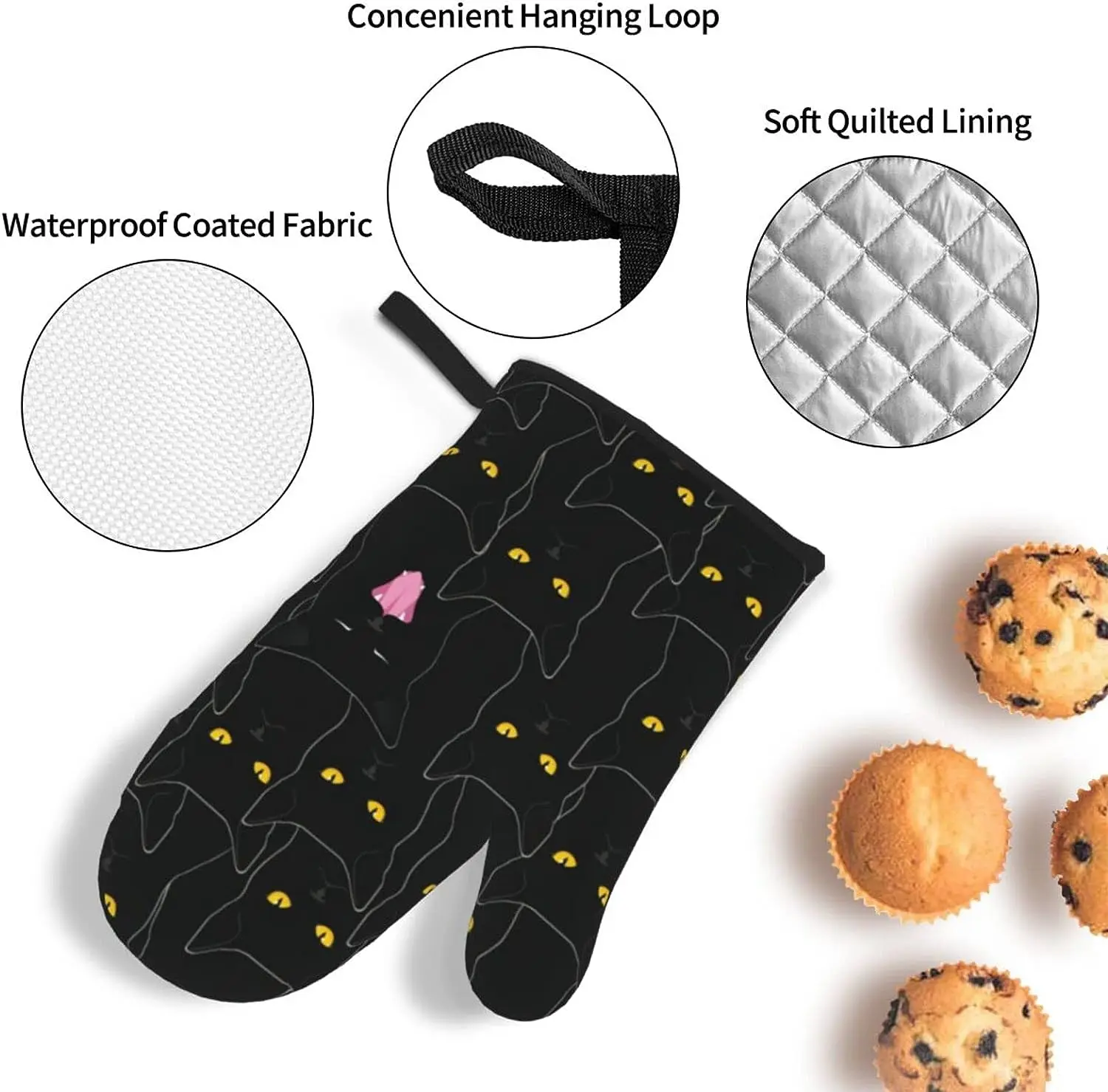 Cute Black Cats Oven Mitts and Pot Holders Sets of 4 Heat Resistant Surface Kitchen Microwave Gloves for Grilling Baking Cooking