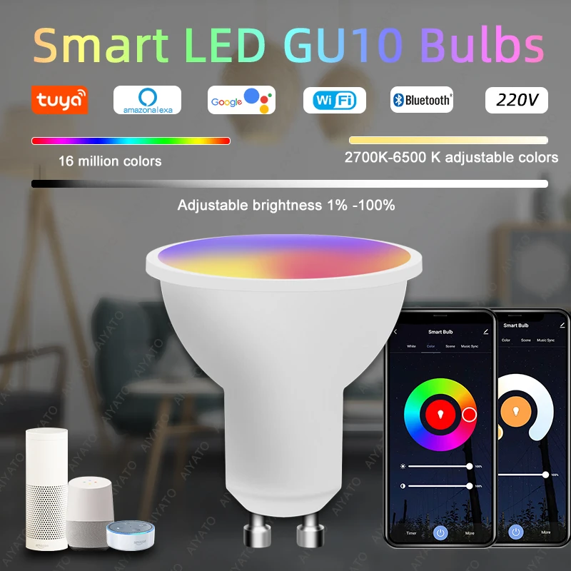 Фото Smart Life GU10 Wi-Fi Bluetooth 5 Вт RGB + CW светодиодный прожектор с регулируемой яркостью для дома, гостиной №3