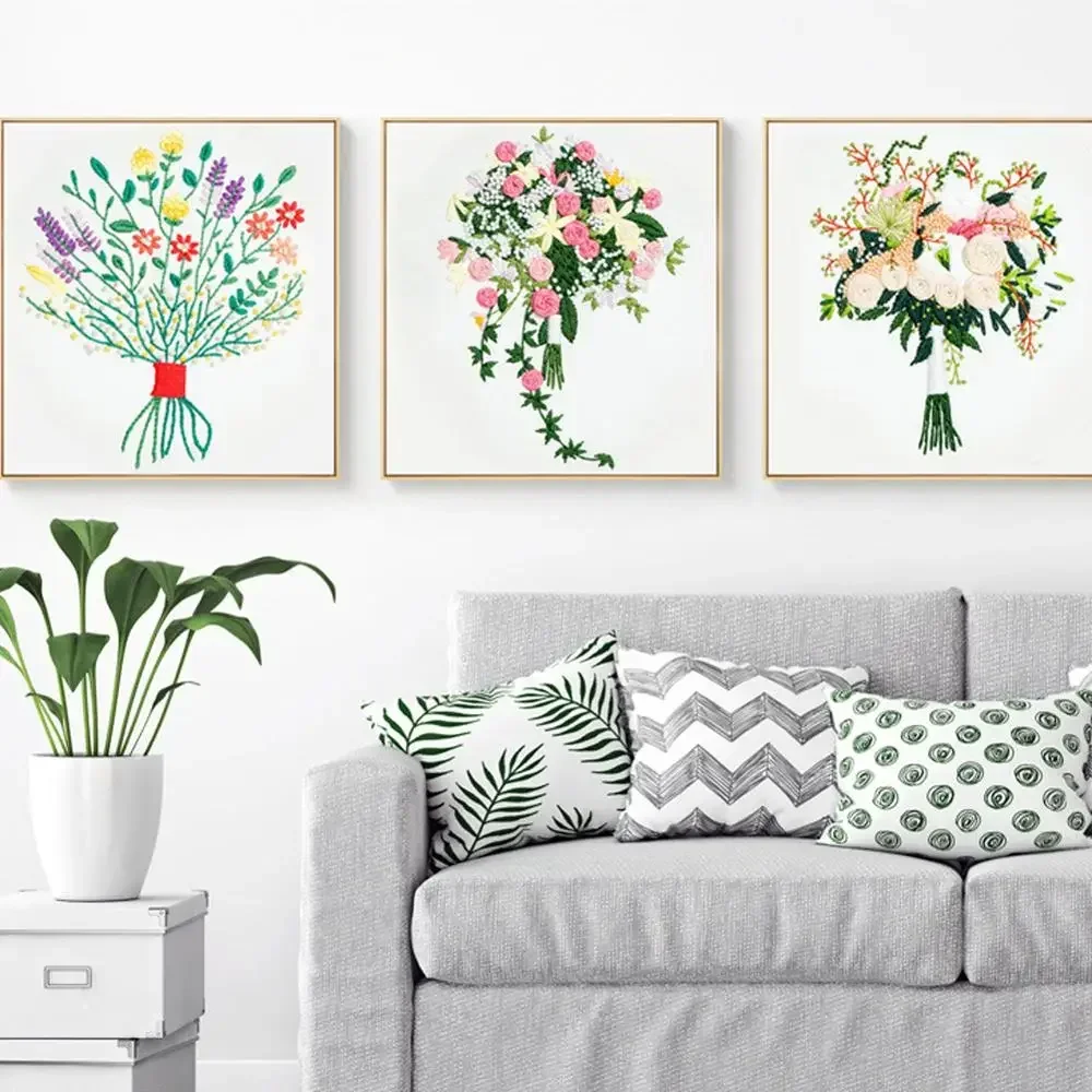 DIY European Style Bouquet Embroidery Kit Flower Handcraft Needlework Cross Stitch Kit Cotton Embroidery Painting Home Decor