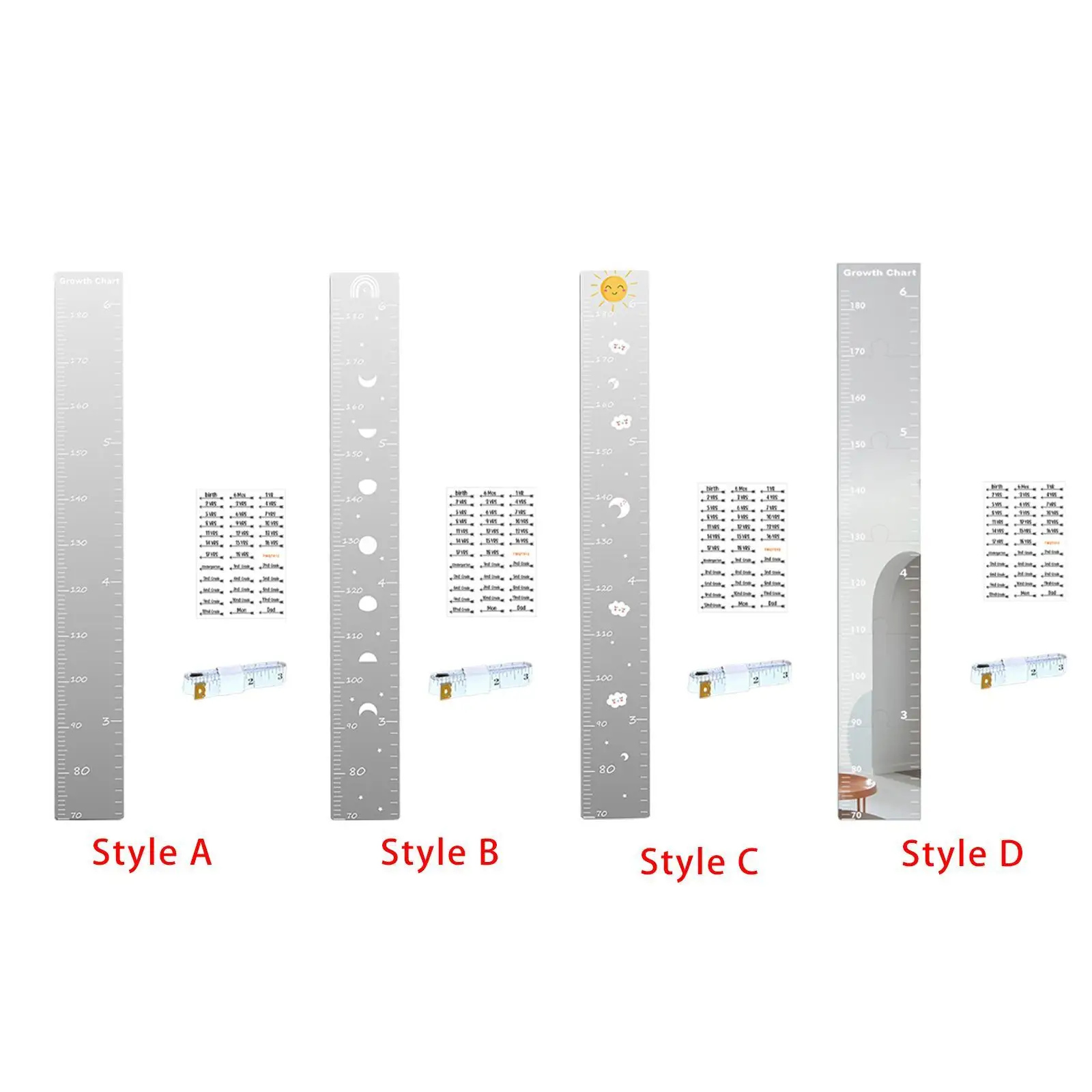 Acrylic Kids Growth Chart Mirror Easily Install for Bedroom Height Ruler