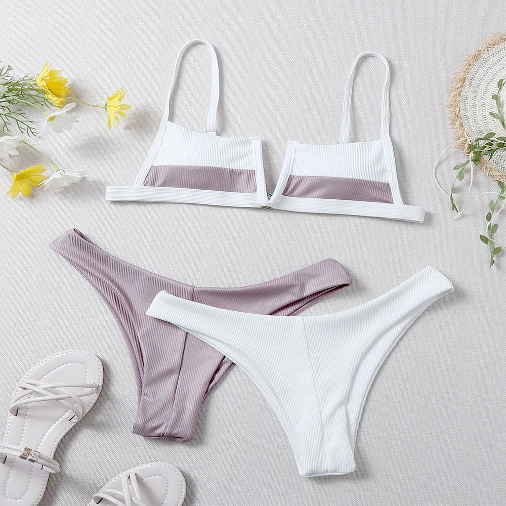 know Dream New Sexy 3 Pieces Women Bikini Lace-Up Swimwear Bathing Suit Solid Color Halter Neck Strap Thong Women Swimsuit Set f