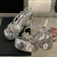 Eilyken Summer Bling Sequin Cloth Narrow Band Platform Wedges Chunky Heels Women Sandals Fashion Buckle Strap Slide Shoes - Image 2
