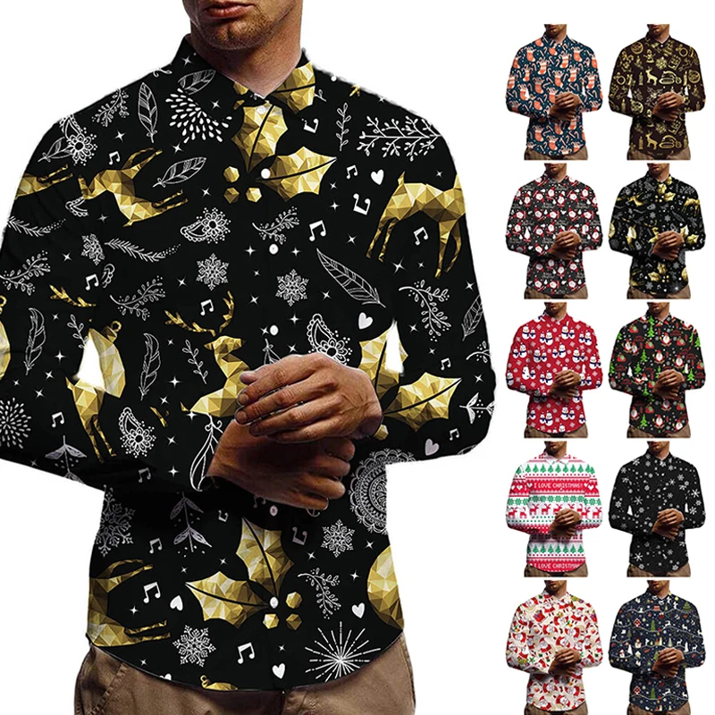 Men Christmas Shirts Xmas 3D Printed Long Sleeve Blouse Holiday Party Tops Slim Fit Tee Shirt For Men Harajuku Lapel Shirts