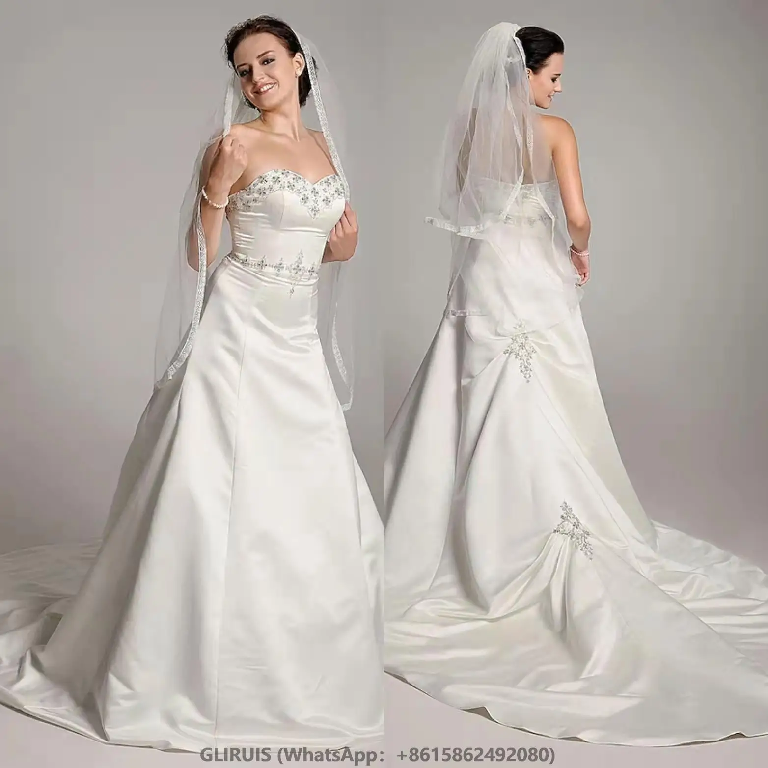 

Satin Beaded Wedding Dresses With Pockets A-Line Sweep Train vestido de novia Bridal Gowns Custom Made for Women