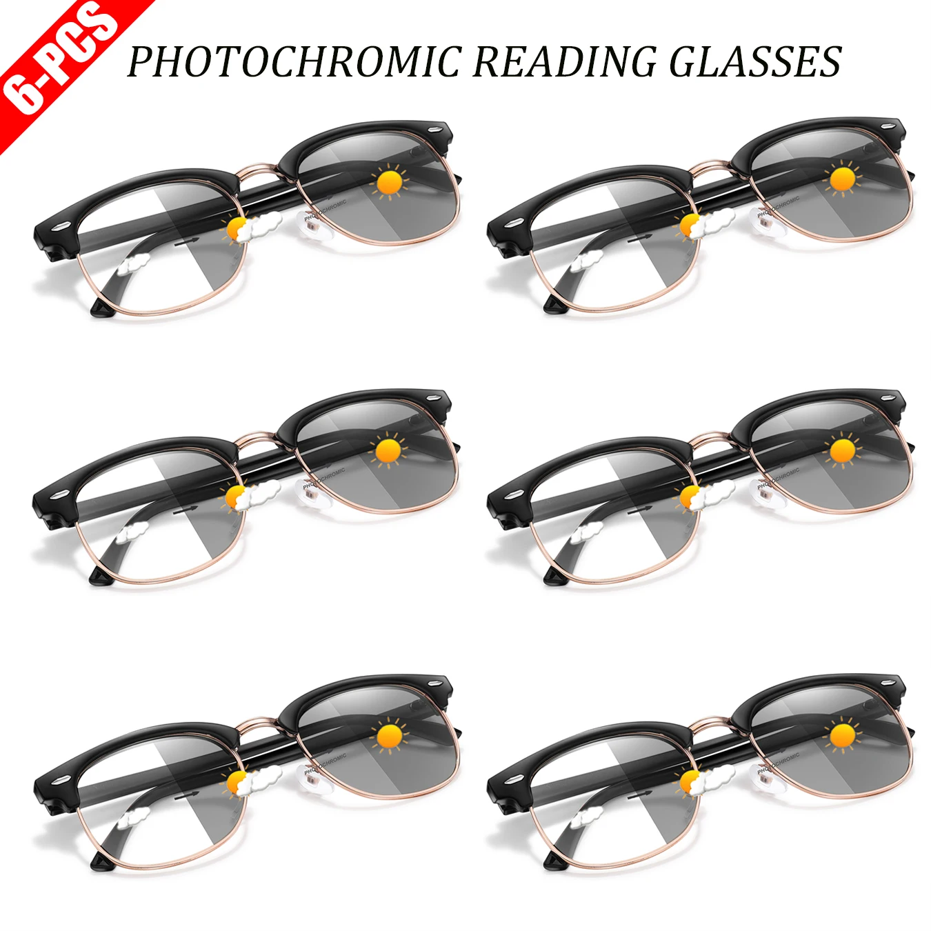Photochromic Reading Glasses Metal Half Frame Anti-blue Light