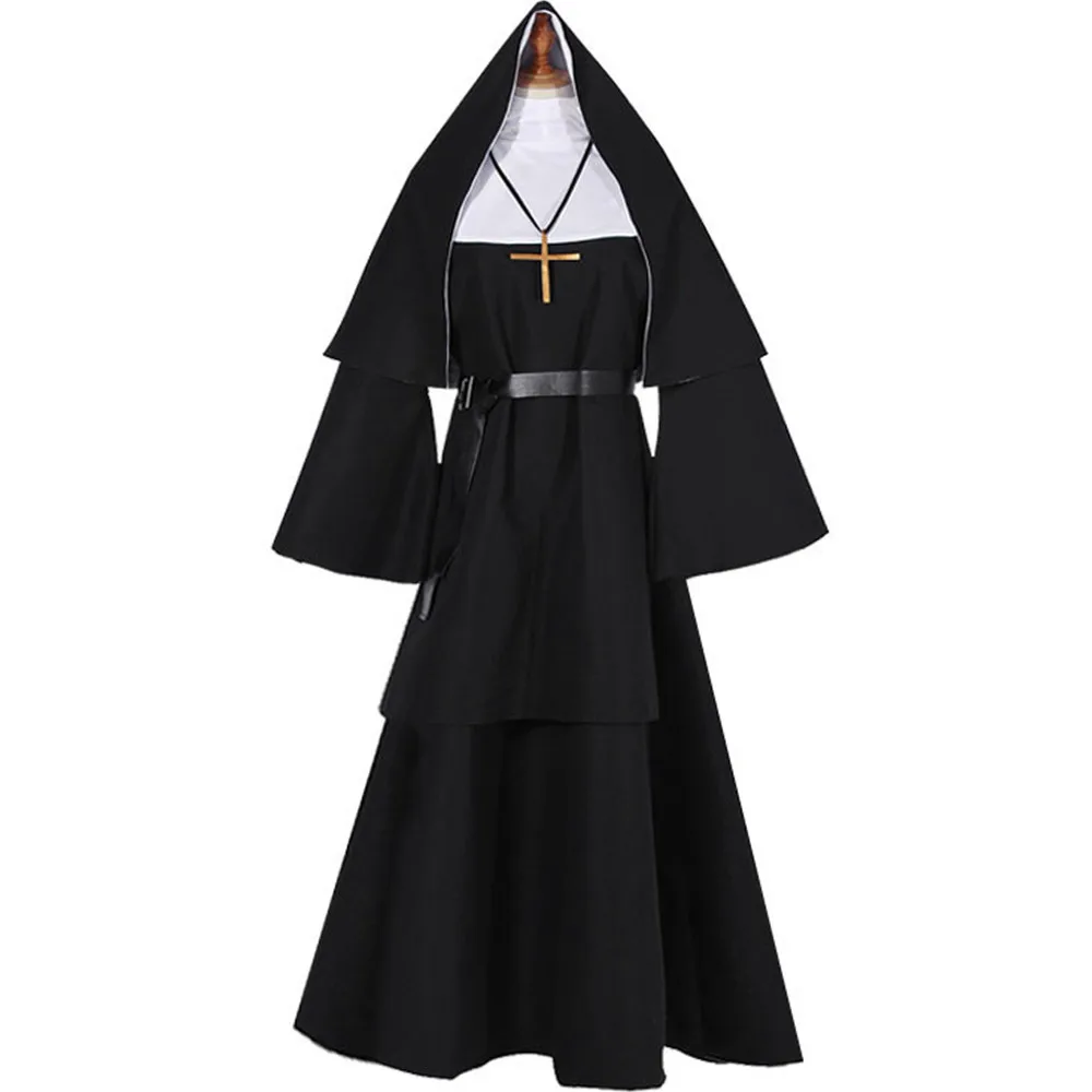 

Adult Women Priest Nuns Costumes Black Robe Religious Missionary Roleplay Dress Halloween Cosplay Party Clothes