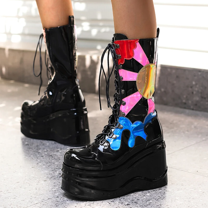 

Thick Heel Modern Boots Round Toe Patent Mixed Color Print Calf Boots Short Lace up 6 cm Platform Women Shoes Knee High Booty