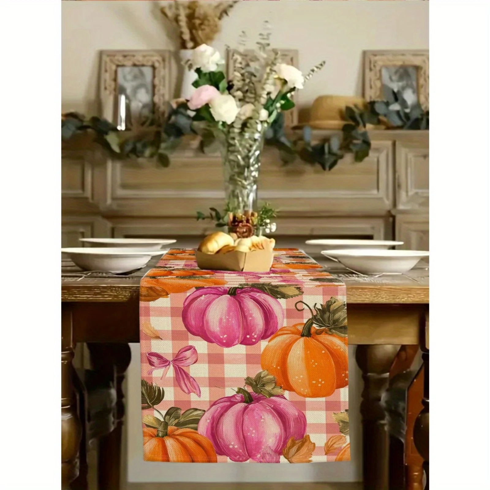Pink Pumpkin Plaid Table Runner 6