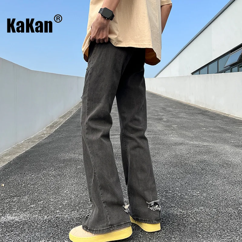 Kakan - New Men's Stretch Perforated Jeans, European and American Loose Straight Length Black Jeans K24-ASN715