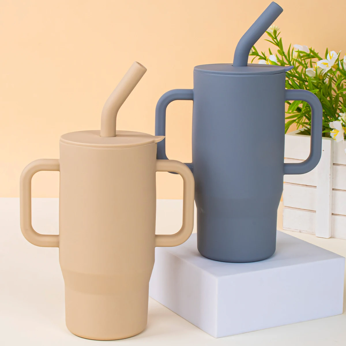 실리콘 240ml  학습용 빨대컵, 이중 손잡이,  훈련용 컵, 식품 등급 누수 방지 어린이 물컵