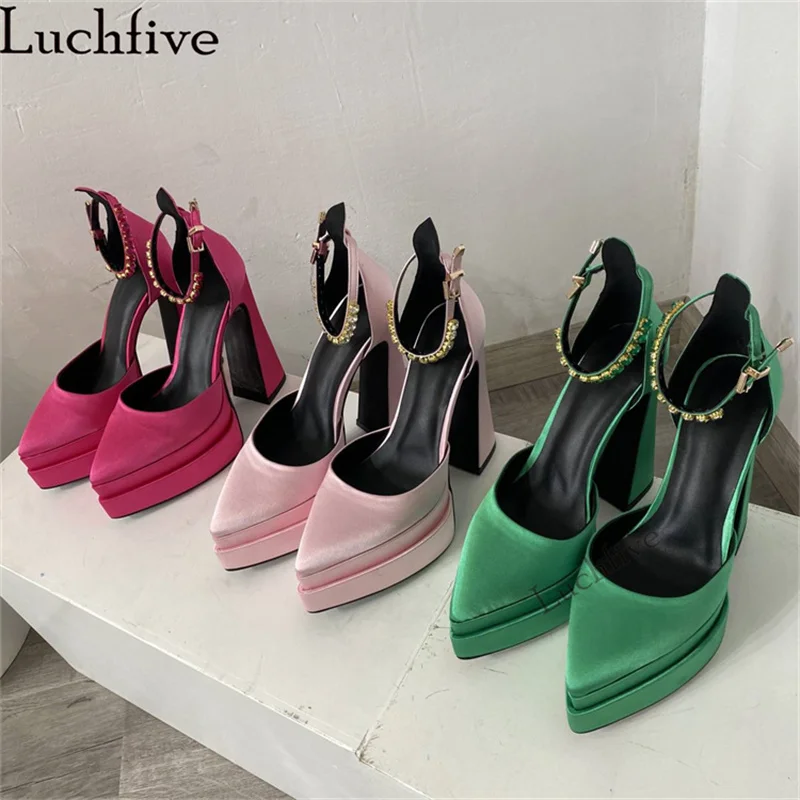 

Multicolor Satin Platform Super High Heels Shoes Women High Quality Rome Sandals Summer Sexy Runway Fashion Week Wedding Shoes