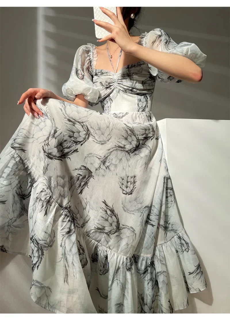 

Summer Floral Print Vintage Dress Women Sexy French Style Party Midi Dresses Casual Korean Fashion Elegant Retro Dress 2023 New
