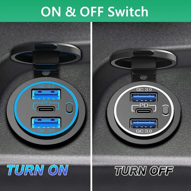 12V Dual USB Dual PD Type-C Car Fast Charger with Switch Waterproof Power Adapter Socket Outlet for Car Boat Truck Motorcycle 4