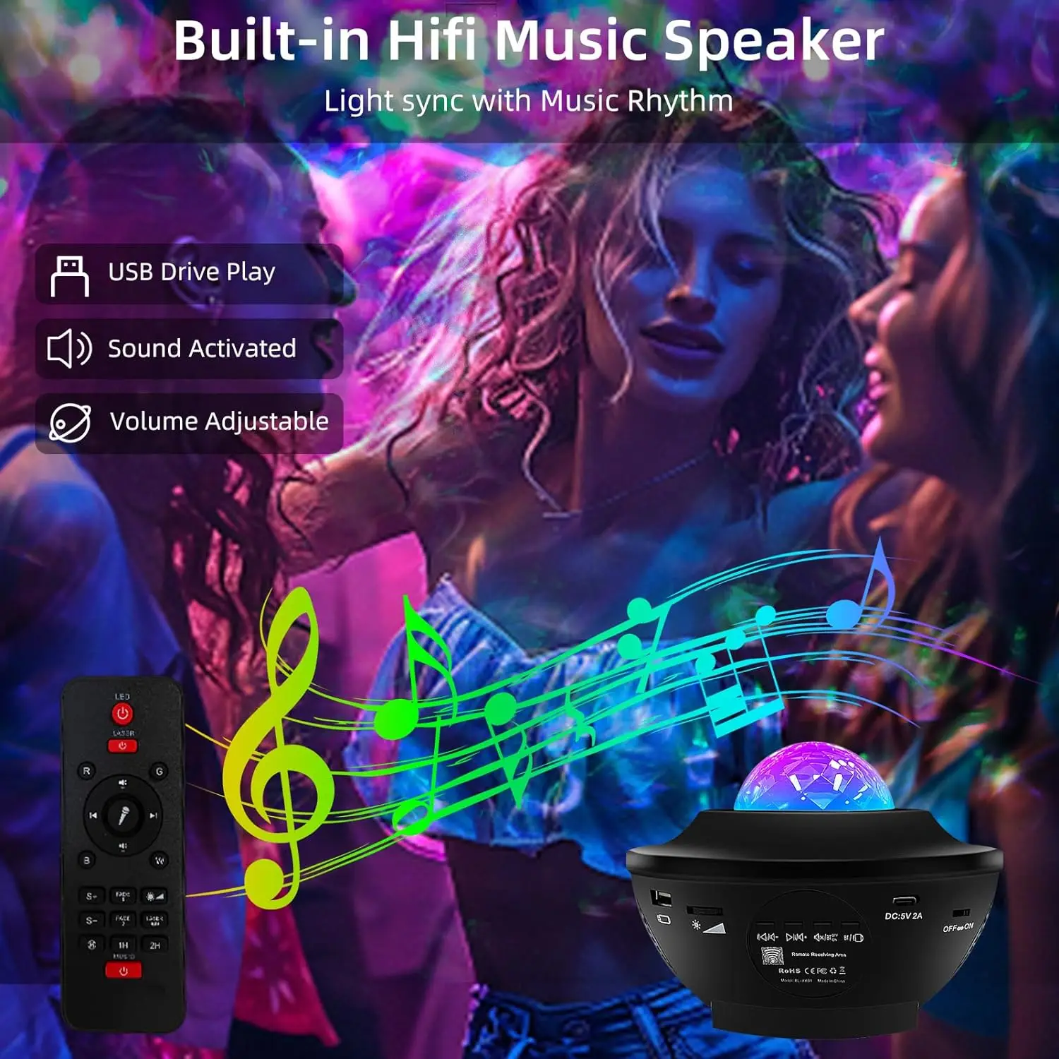 Star Projector, Galaxy Projector for Bedroom, Music Speaker Sound Activated Remote Control/Timer, Starry Night Light Projector 4