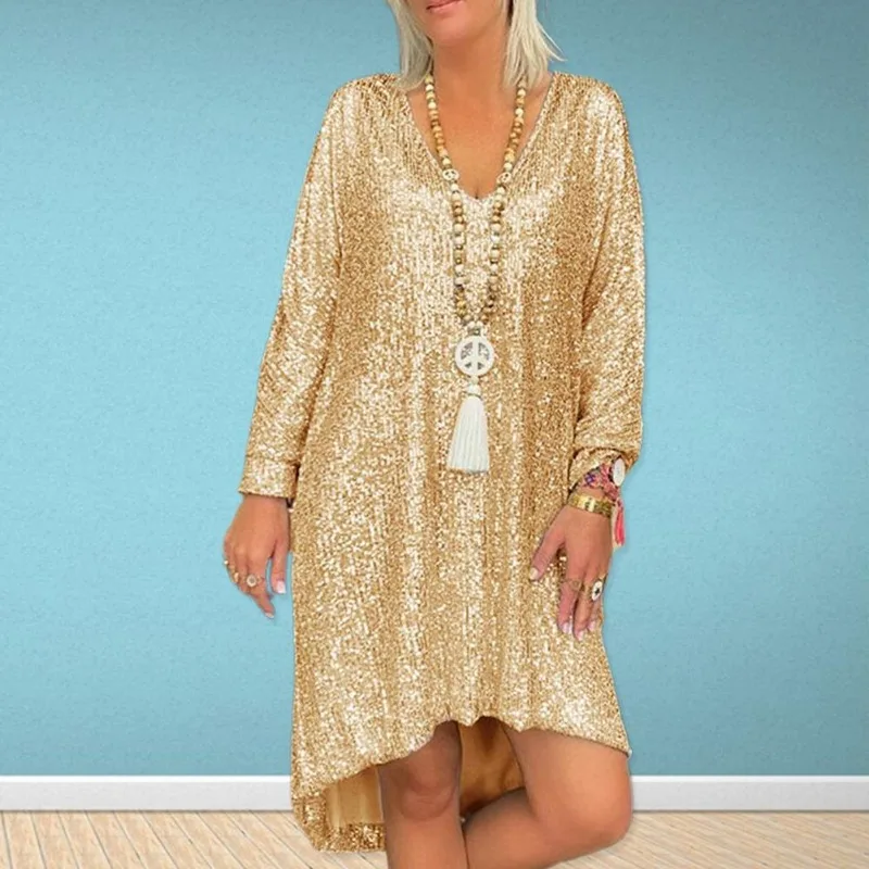 

2023 new loose pullover sequin V-neck maxi dress