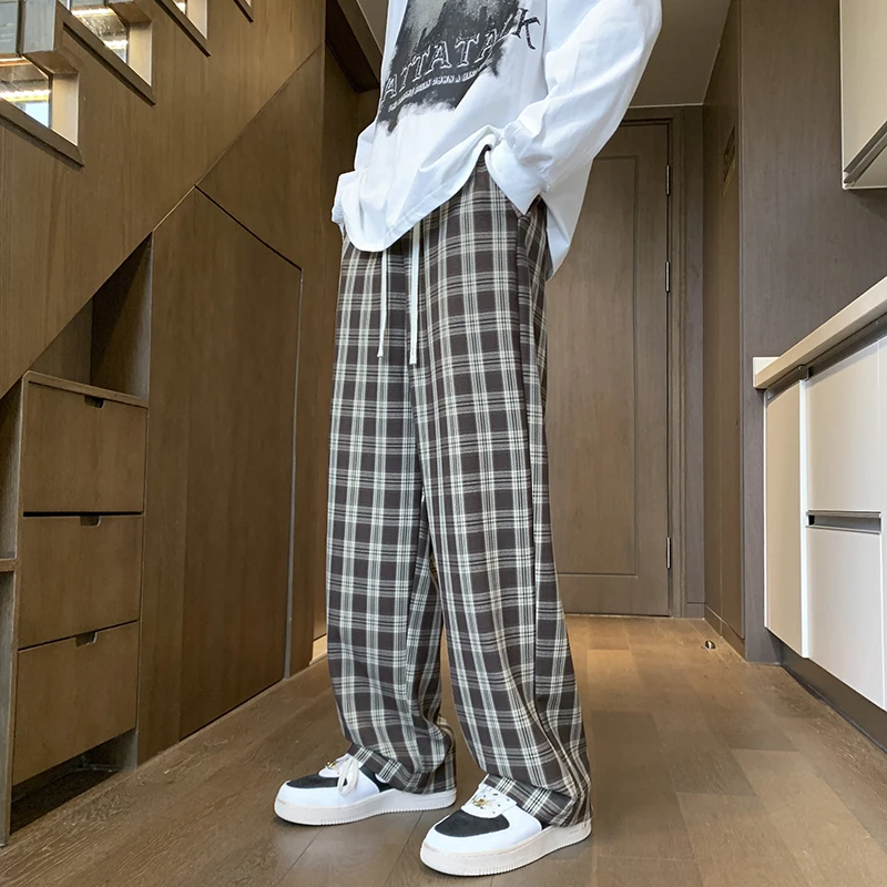 

Neploha Straight Tube Casual Pants Men's Loose Plaid Pattern Trendy Wide Leg Pants Harajuku Streetwear Checker Autumn Trousers