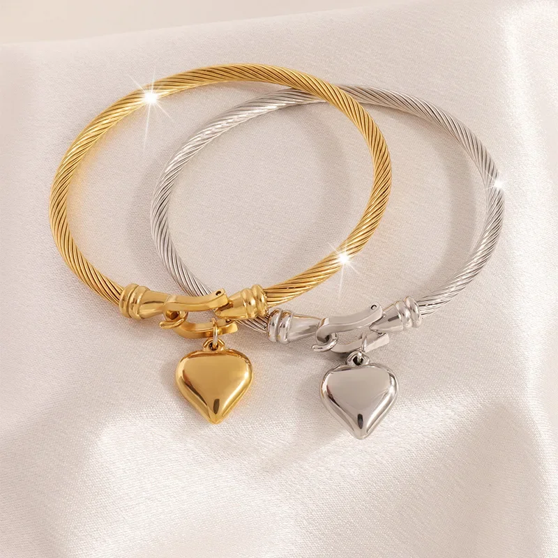 18k Gold Color Stainless Steel Heart Pendant Charm Bangle Bracelets For Men Women