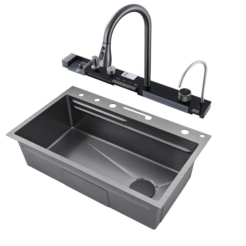 

Tiktok Trends Luxury LED Stainless Steel Pianokey Button Digital Display Multifunctional Waterfall Kitchen Sink With Cup Washer