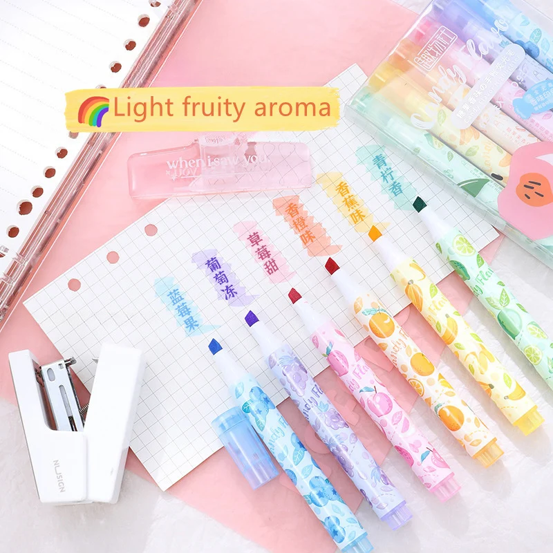 Creative Fruit Scented Soft Tip Highlighter Pens with Stamp for DIY Journaling Note-taking
