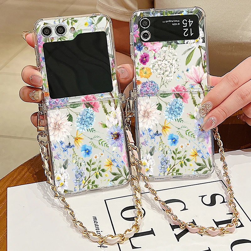 Hydrangea Print Metal Lanyard Case For Samsung Galaxy Z Flip6 Flip5 Flip4 Flip3 Flip 6 5 4 3 Shockproof Clear Soft Phone Cover_voghion.com