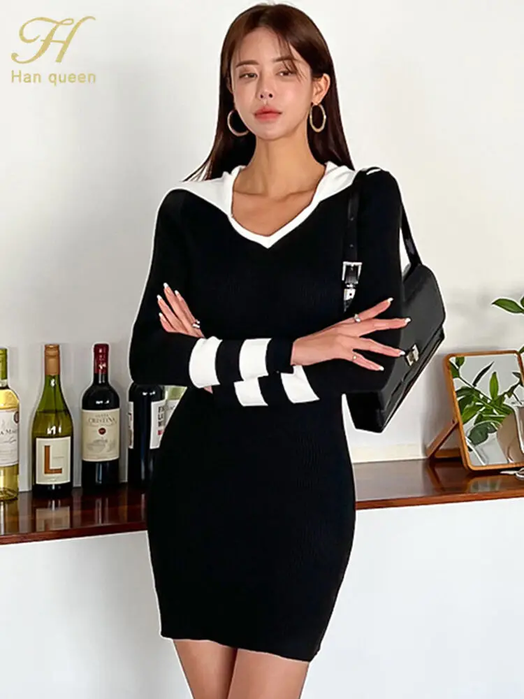 

BabYoung New Autumn Winter Simple Elegant Color Blocking Vintage Vestido Knit Dress Women Office Sheath Casual Pencil Dresses