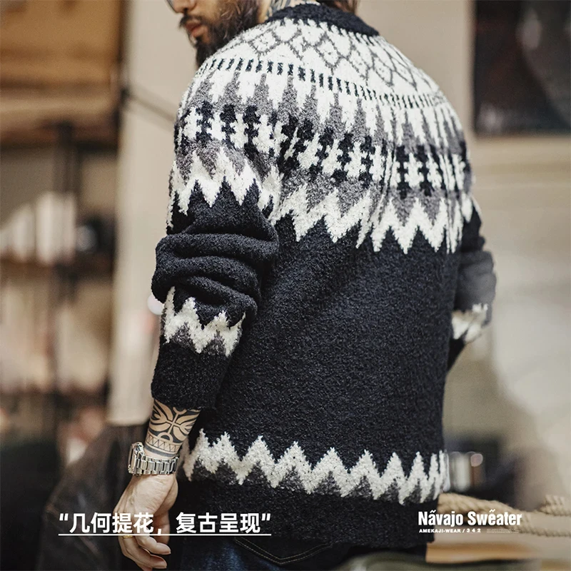 Maden Vintage Heavyweight Fair Isle Icelandic Sweater Round Neck Jacquard Bottom Knitwear Thickened Warm Pullovers for Christmas 3