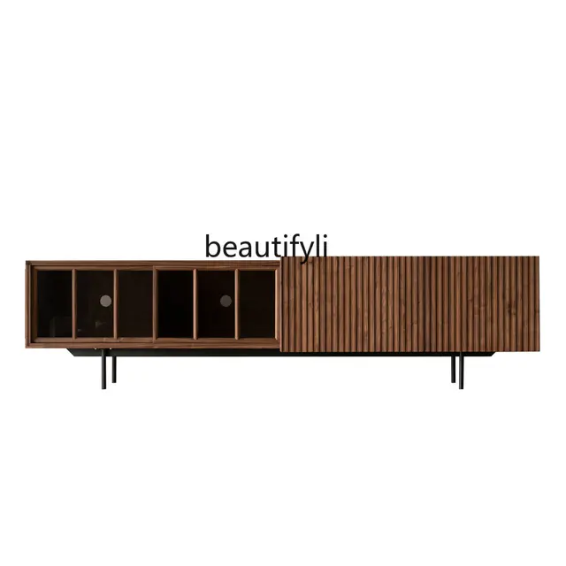 TV Cabinet Solid Wood Minimalist Black Walnut Wooden Tea Table Designer Advanced Nordic Style Glass Door