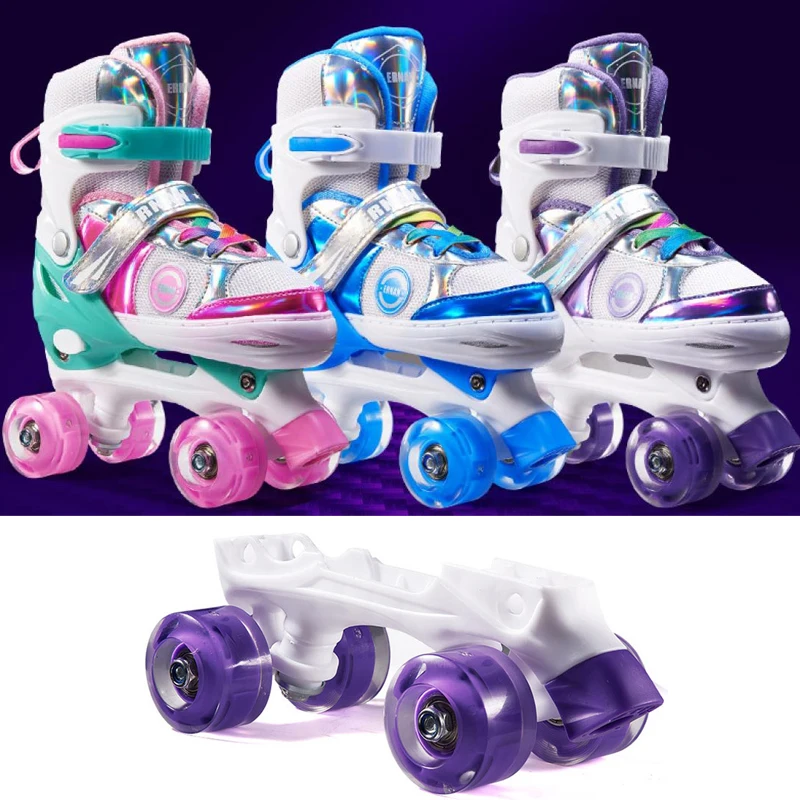 4 Wheels Skates Double Row Roller Skate Shoes Adjustable Size Beginner Kids Outdoor Skating Inline Skate Shoes Ice Rink Training