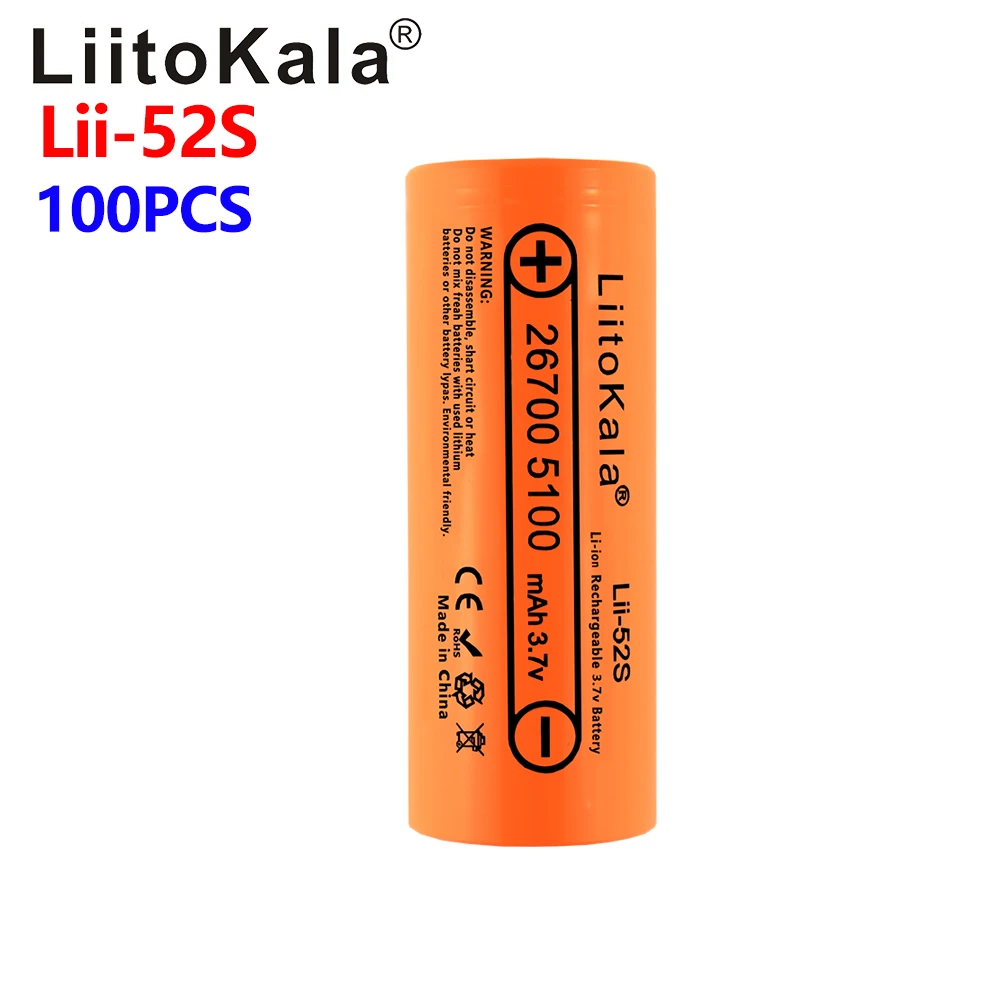 

100 шт. LiitoKala Lii-52S 26700 5000 мАч, литиевая батарея большой емкости 3,7 в для фонарика, внешний аккумулятор, литий-ионная аккумуляторная батарея