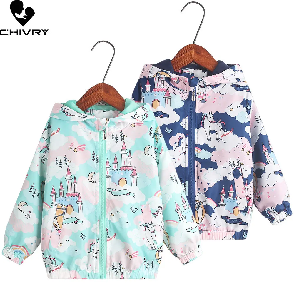 

New 2023 Spring Summer Girls Coat Jacket Kids Cartoon Castle Unicorn Hooded Zipper Jackets Windbreaker Baby Girl Fashion Clothes