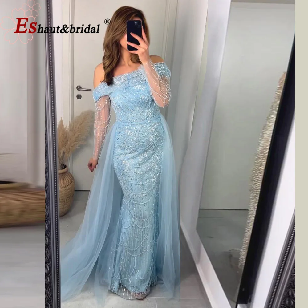 Sb19a915405f64b4699394e944fc67b59K Elegant Sky Blue Mermaid Pearls Evening Dress for Women Long Sleeves with Detachable Train Formal Prom Wedding Party Gowns Mallzona