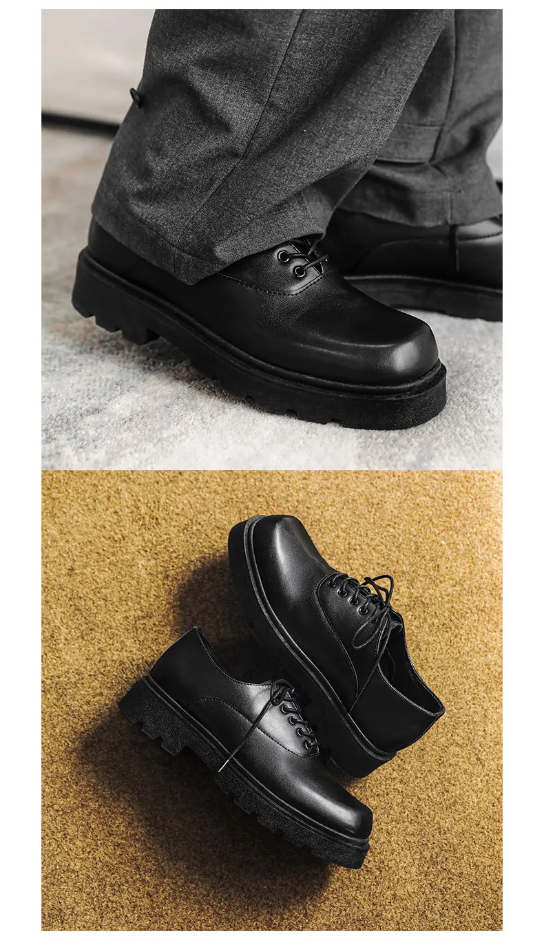 أحذية رجالية رسمية بكعب مسطح ورباط، لون موحد، نعل سميك، تصميم فريد وعصري، أحذية جلدية بأسلوب جديد