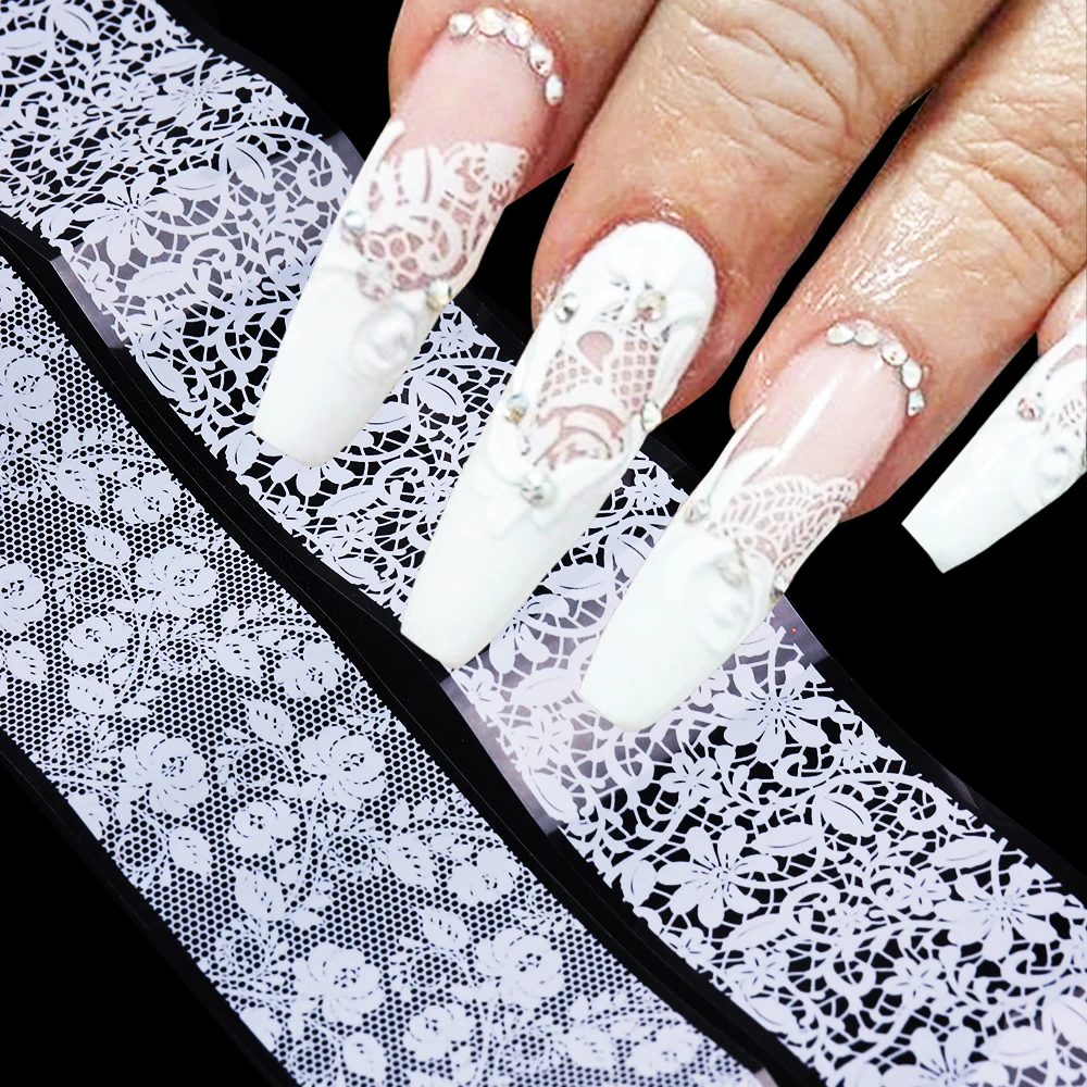 10pcs Black White Lace Nail Stickers Floral Transfer Holographic French Flowers Decals Art Manicure Decoration NLLS-01