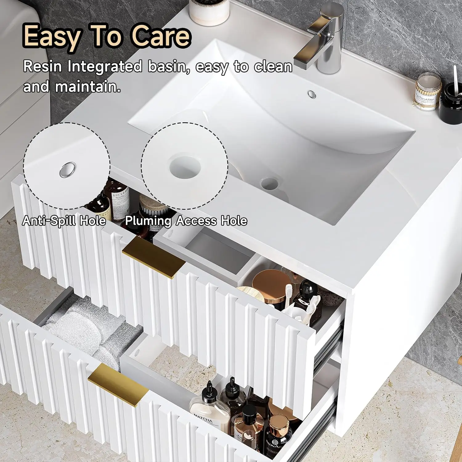 24 Inch Bathroom Vanity with Sink Combo,Floating Bathroom Vanity with 2 Fluted Drawer,Metal Handles, Wall Mount Bathroom Cabinet 6