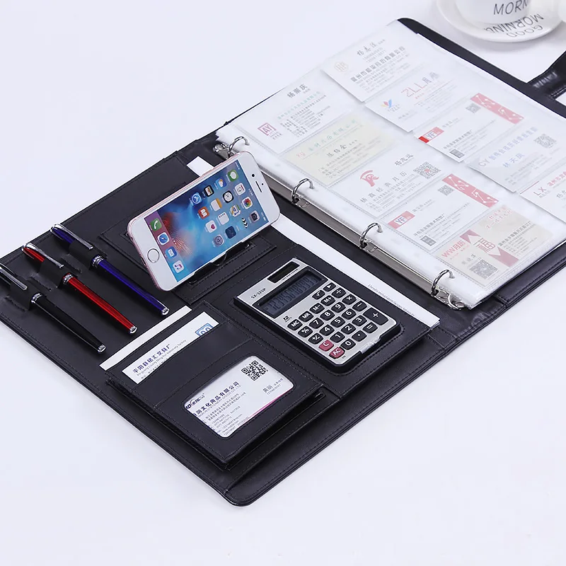 A4 PU Leather Portfolio File Folder Holder Conference Sign Folder with Calculator Mobile Stand Rack document bag leather folder office padfolio