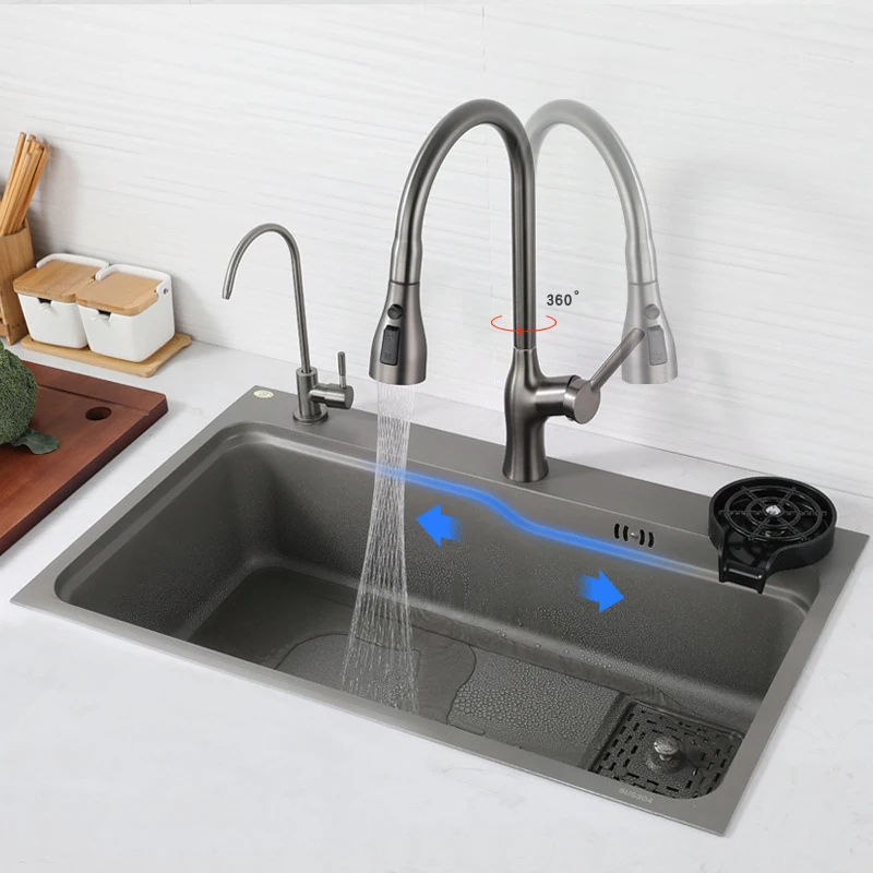Nano Handmade 304 Stainless Steel Kitchen Sink Topmount Single Slot Vegetable Washing Basin Bowl Drain Accessories set Gun Gray
