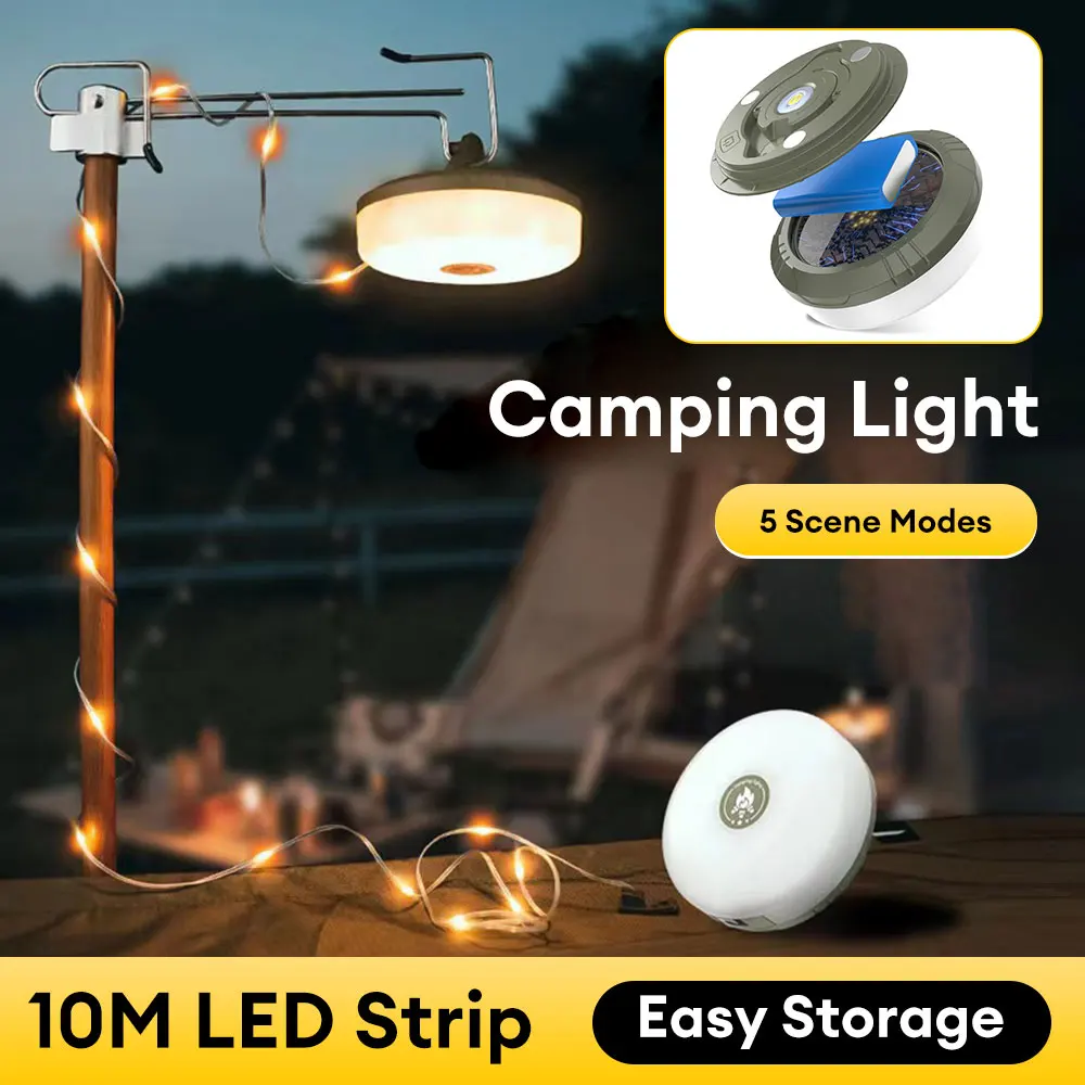 USB Rechargeable Camping Light Outdoor Tent Light XTE LED Flashlight with Magnet Hook 10 Meter Light Strip (warm Light+RGB)