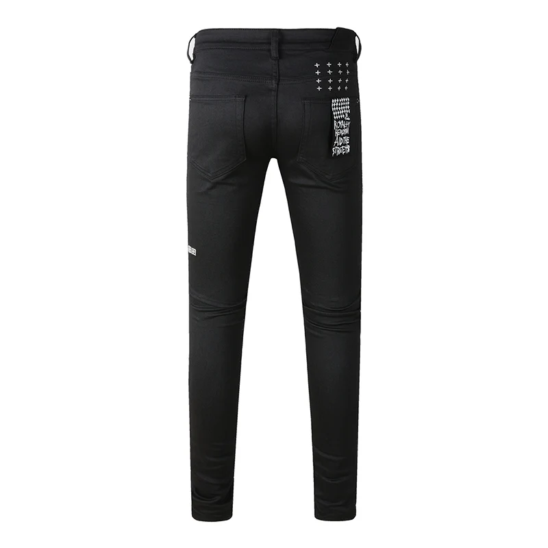 Men's button fly black distressed American fashion style high streetwear skinny ripped holes jeans