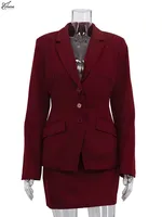 Oymimi Fashion Wine Red Two Piece Set For Women Elegant Long Sleeve Single Breasted Blazers And Slim Simple Mini Skirts Sets - Image 5