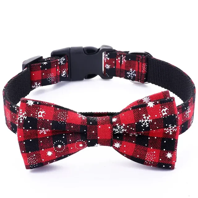 Festive Plaid Snowflake Bow Tie Dog Collar with Adjustable Buckle