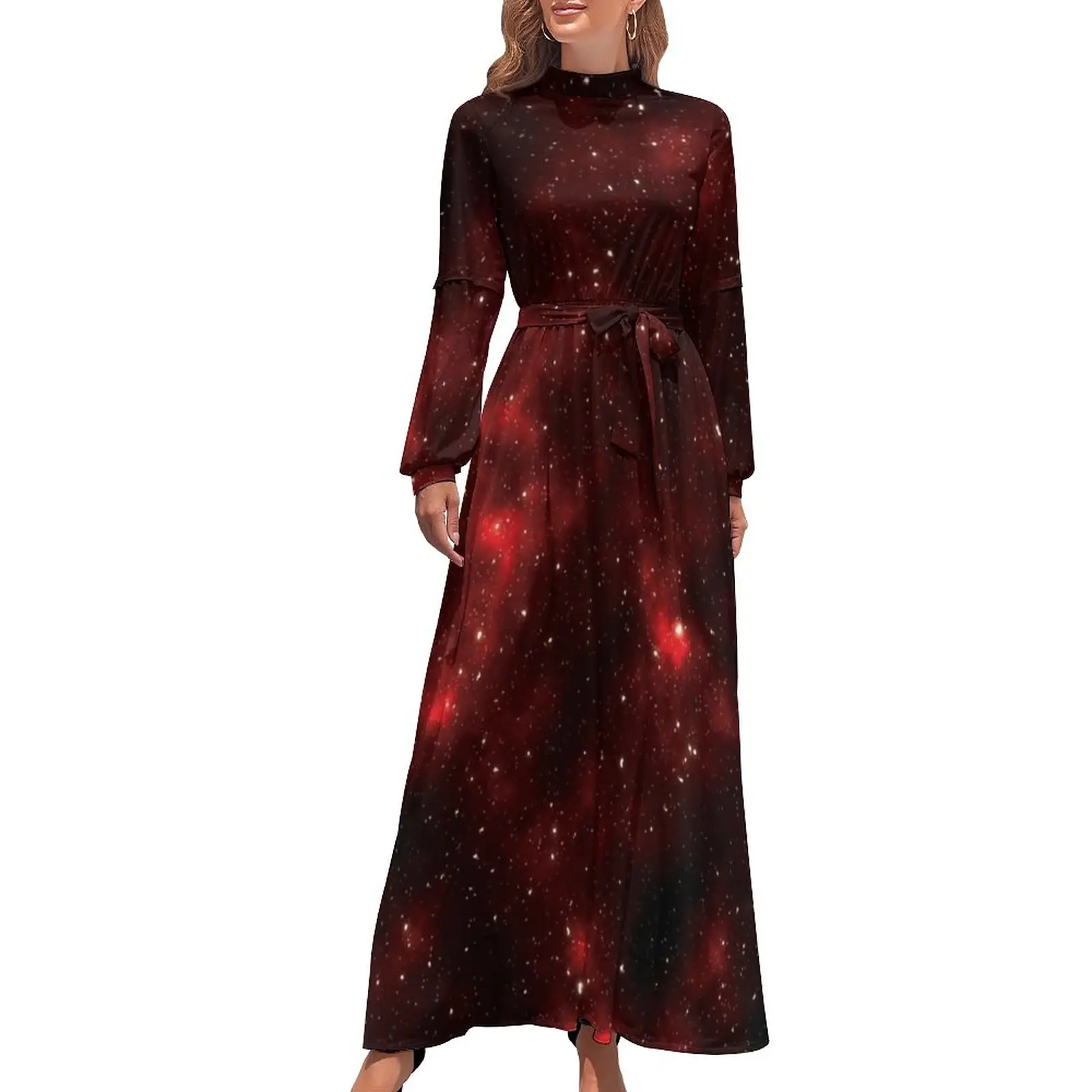 

Galaxy Sky Dress Long Sleeve Red Space Print Kawaii Maxi Dress High Waist Street Wear Design Boho Beach Long Dresses Gift Idea