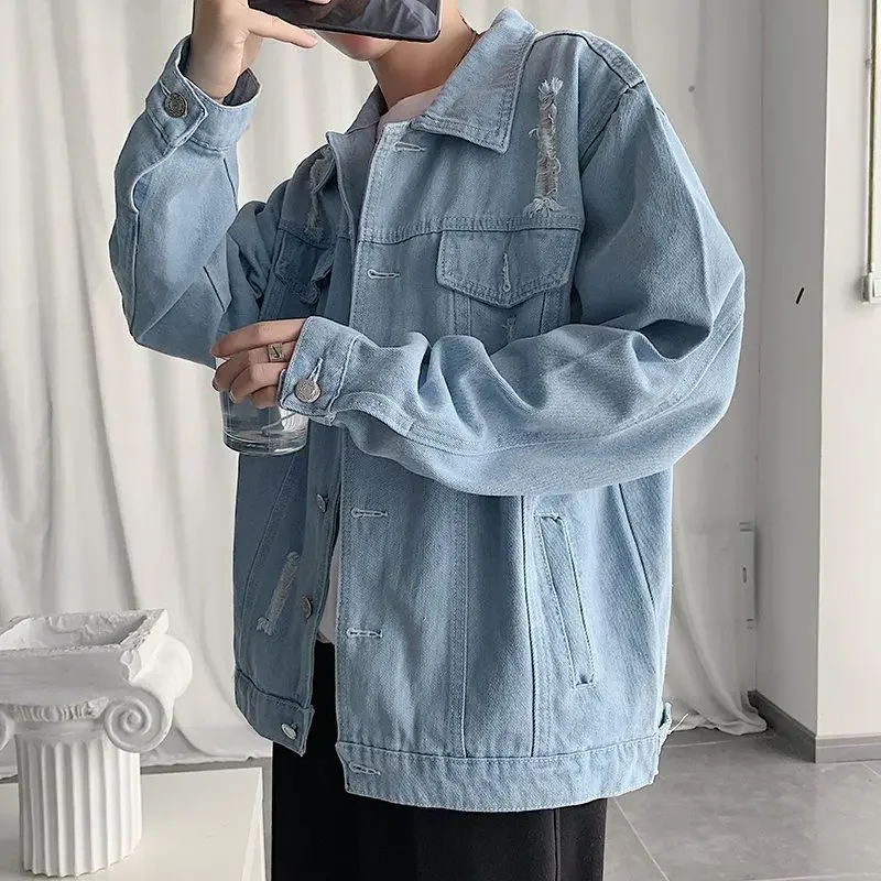 Abrigo vaquero ajustado informal corto con botones para hombre, ropa popular coreana, chaquetas vaqueras para hombre, holgadas, nuevas, de diseñador de marca, de lujo