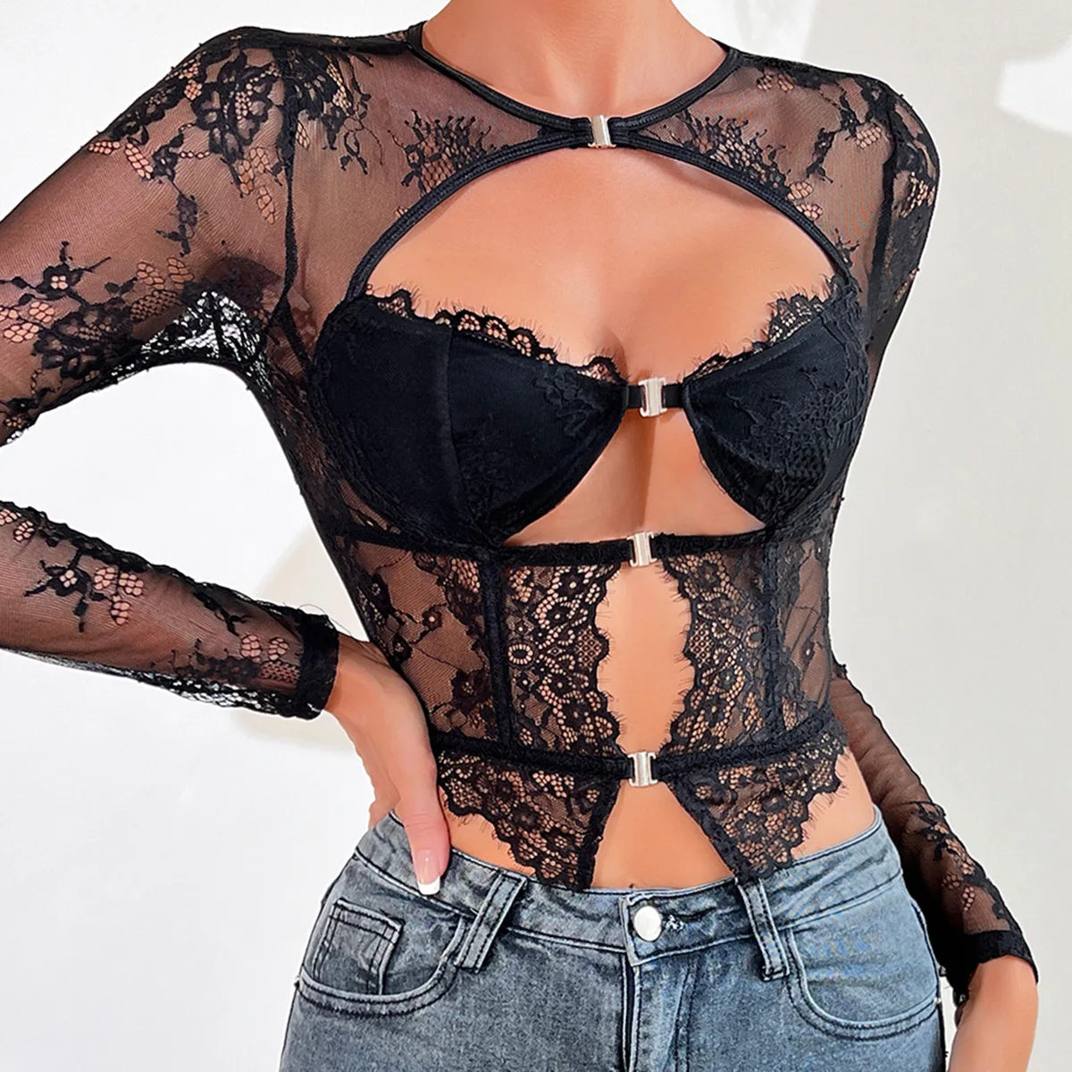 

Hollow Out Sheer Corset Camisole Women Lace Slim Fit Long Sleeve Black Tops Sexy Mesh Lingerie Cropped Bustier Tank Top Summer
