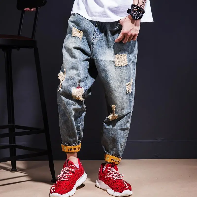 With Print Tapered Men's Jeans Broken Ripped Retro Korean Fashion Man Cowboy Pants Graphic Torn Slim Fit Boot Cut Holes Trousers