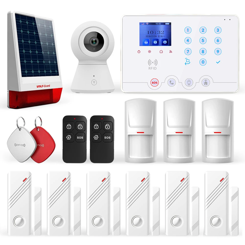 Wolf Guard WT4F Sistema Allarme Domestico 4G+WiFi – Kit 22 Pezzi Con Sirena Solare 110dB, Sensori Porte/Finestre, Rilevatori Movimento, Touchscreen 7”, Controllo APP Smart Life