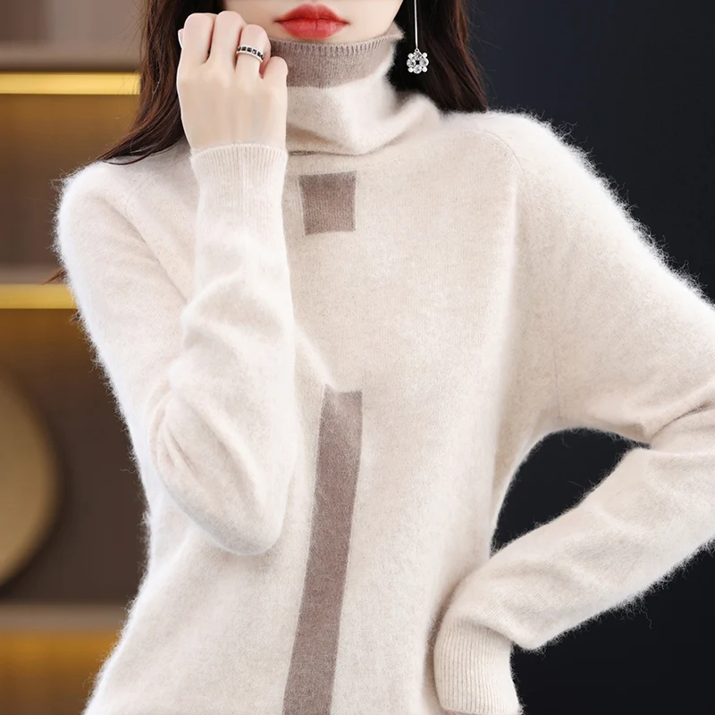 

Autumn Winter New Mink Fleece Knitwear Women's High Neck Long Sleeve Pullover Color Matching Slim And Comfortable Warm Knitwear