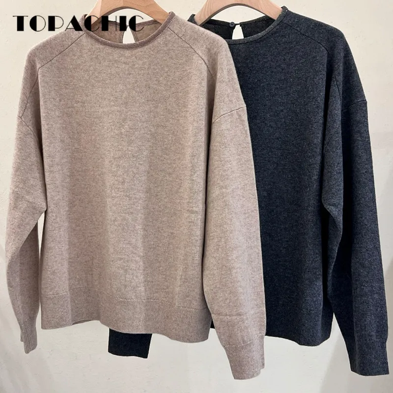 

9.13 TOPACHIC Fashion Comfortable Cashmere Knitwear Women's O-Neck Beading Chain Back Hollow Out Long Sleeve Sweater