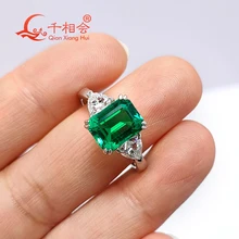 

7*9MM emerald 925 silver green color emerald ring Created Hydrothermal Colombia Emerald with trillion moissanite for Wedding