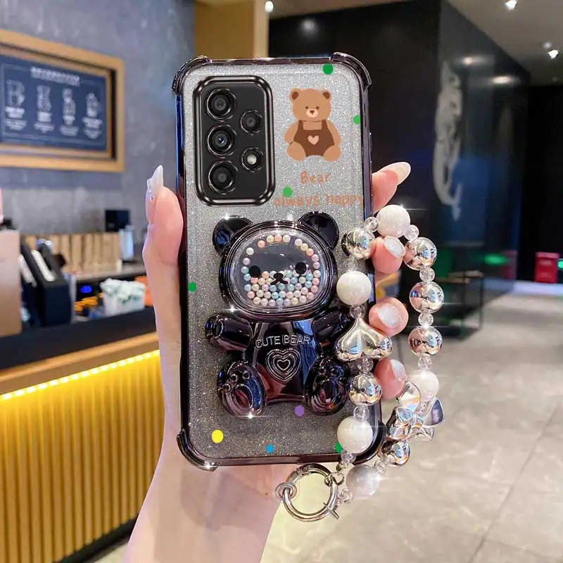Glittery Pearl Strap Bear Phone Holder Case with Lanyard and Stand Feature