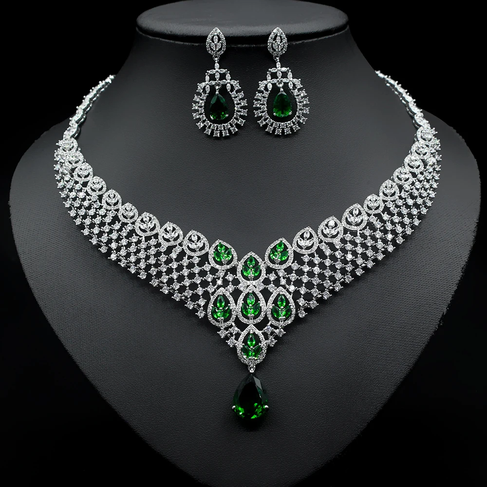 

HIBRIDE Luxurious Elegant Big Green Cubic Zirconia Women Wedding Event Costume Necklace Earrings Jewelry Sets For Brides N-148